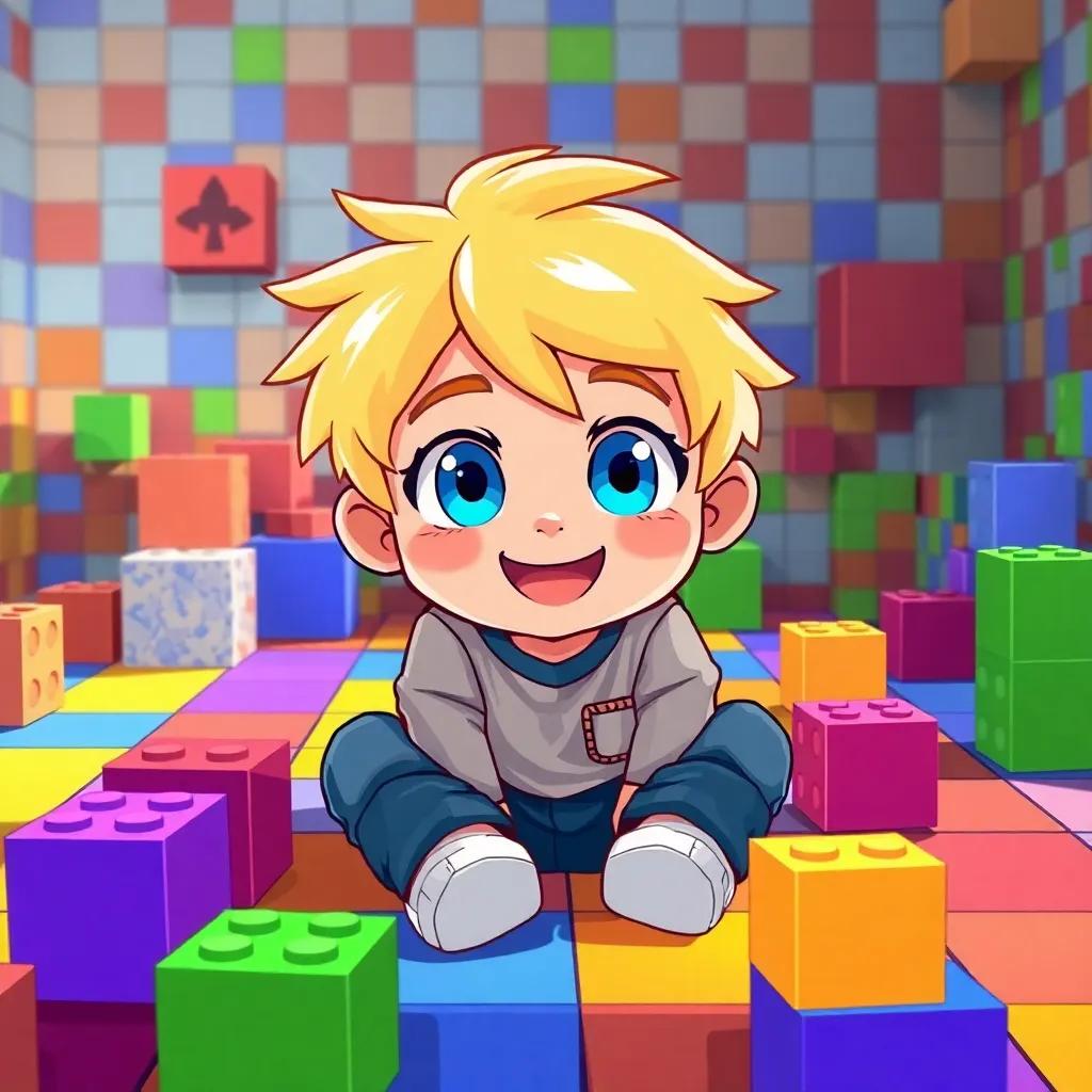 A little blonde boy, Nyjah, with bright blue eyes and a big smile, sitting on a colorful floor surrounded by Minecraft blocks, joyful atmosphere, digital art, vibrant colors, playful scene, child-friendly