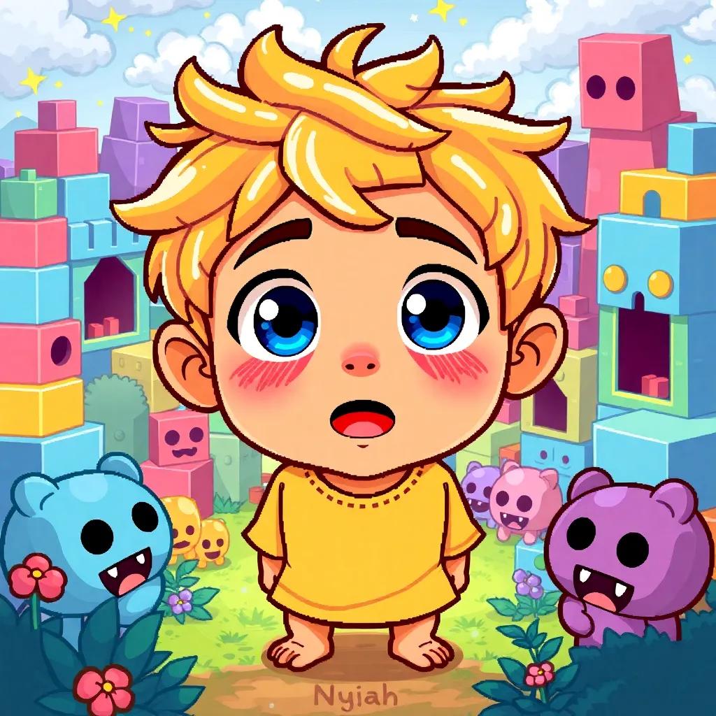 Nyjah, a little blonde boy, with bright blue eyes, appearing in a magical land filled with colorful blocks and pixel creatures, amazed expression, whimsical style, vibrant colors, cheerful