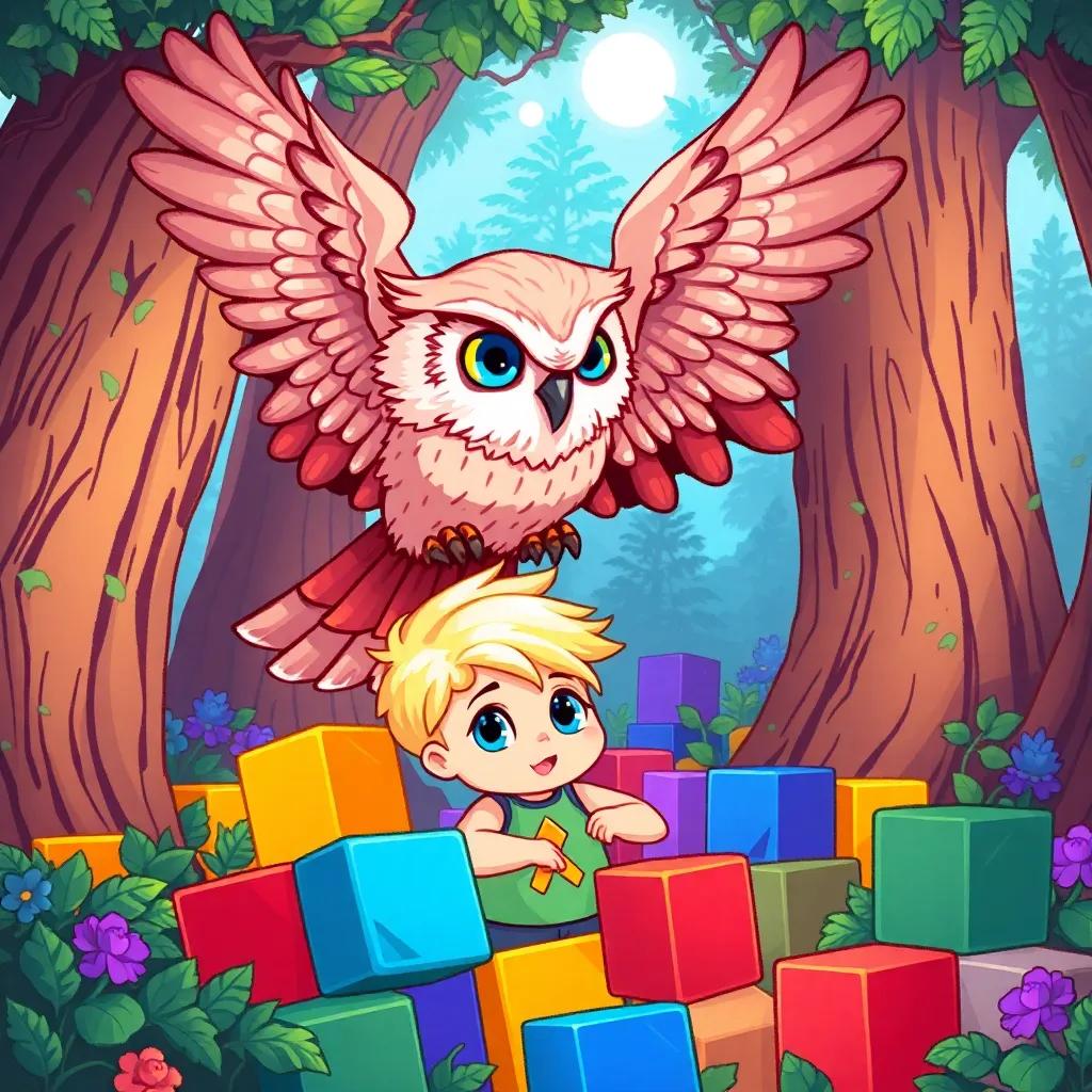 A wise old owl, landing near Nyjah, a little blonde boy with bright blue eyes, surrounded by colorful blocks in a magical forest, friendly atmosphere, detailed illustration, inviting