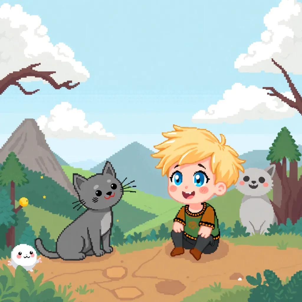 Nyjah, a little blonde boy with bright blue eyes, meeting a talking cat named Purrcy in a pixelated landscape with smiling animals, whimsical design, cheerful scene