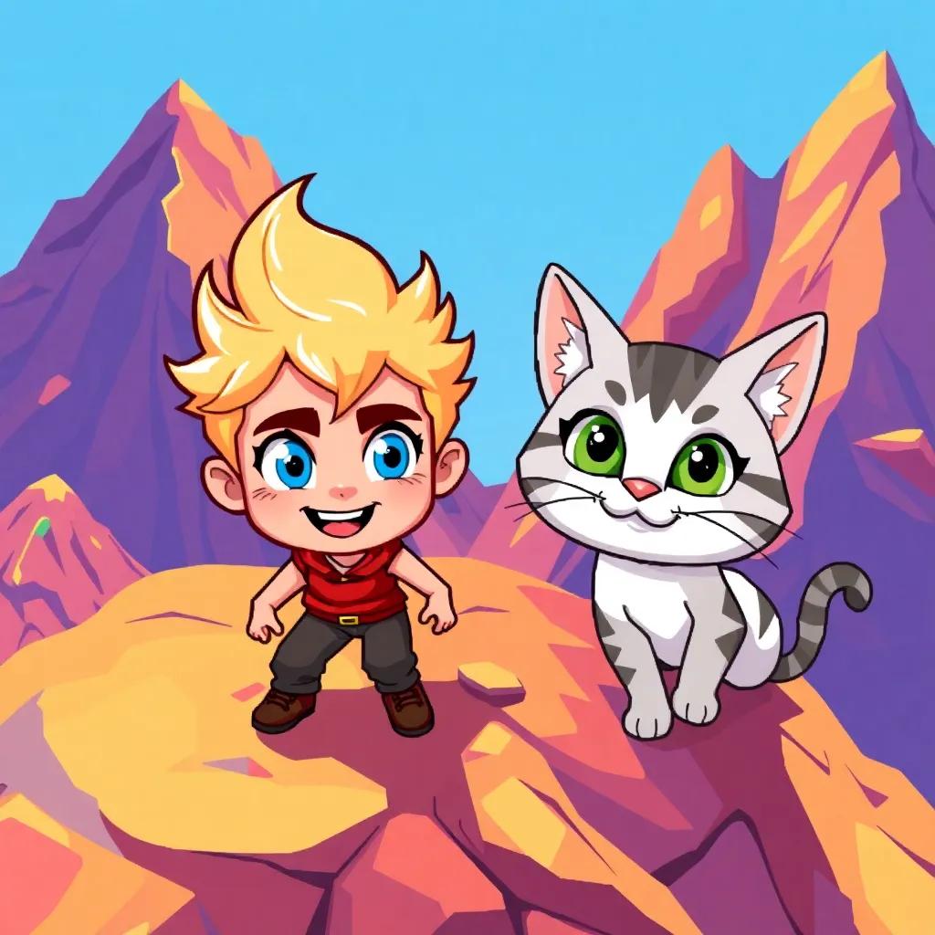Nyjah, a little blonde boy with bright blue eyes, and Purrcy the cat, facing challenges on a colorful mountain, smiling and determined, cartoon style, vibrant colors