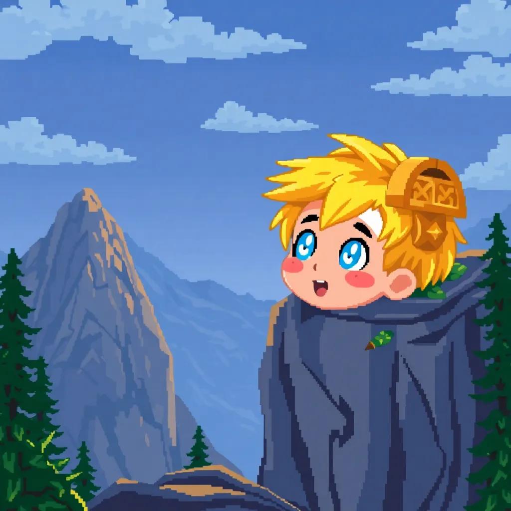 Nyjah, a little blonde boy with bright blue eyes, looking excitedly at the shimmering golden chest on a mountain top, adventurous atmosphere, whimsical