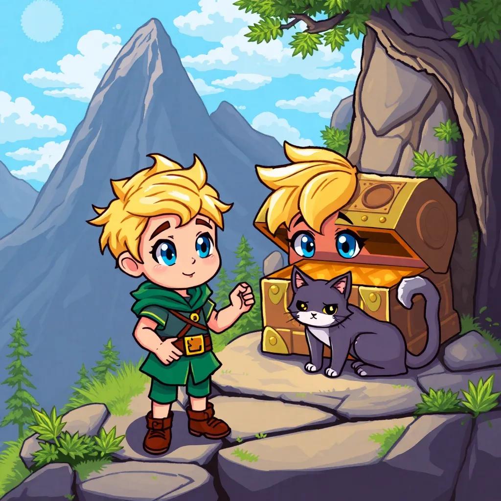 Nyjah, a little blonde boy with bright blue eyes, solving a riddle with Purrcy the cat near the golden chest on the mountain, magical setting, cartoon style, engaging