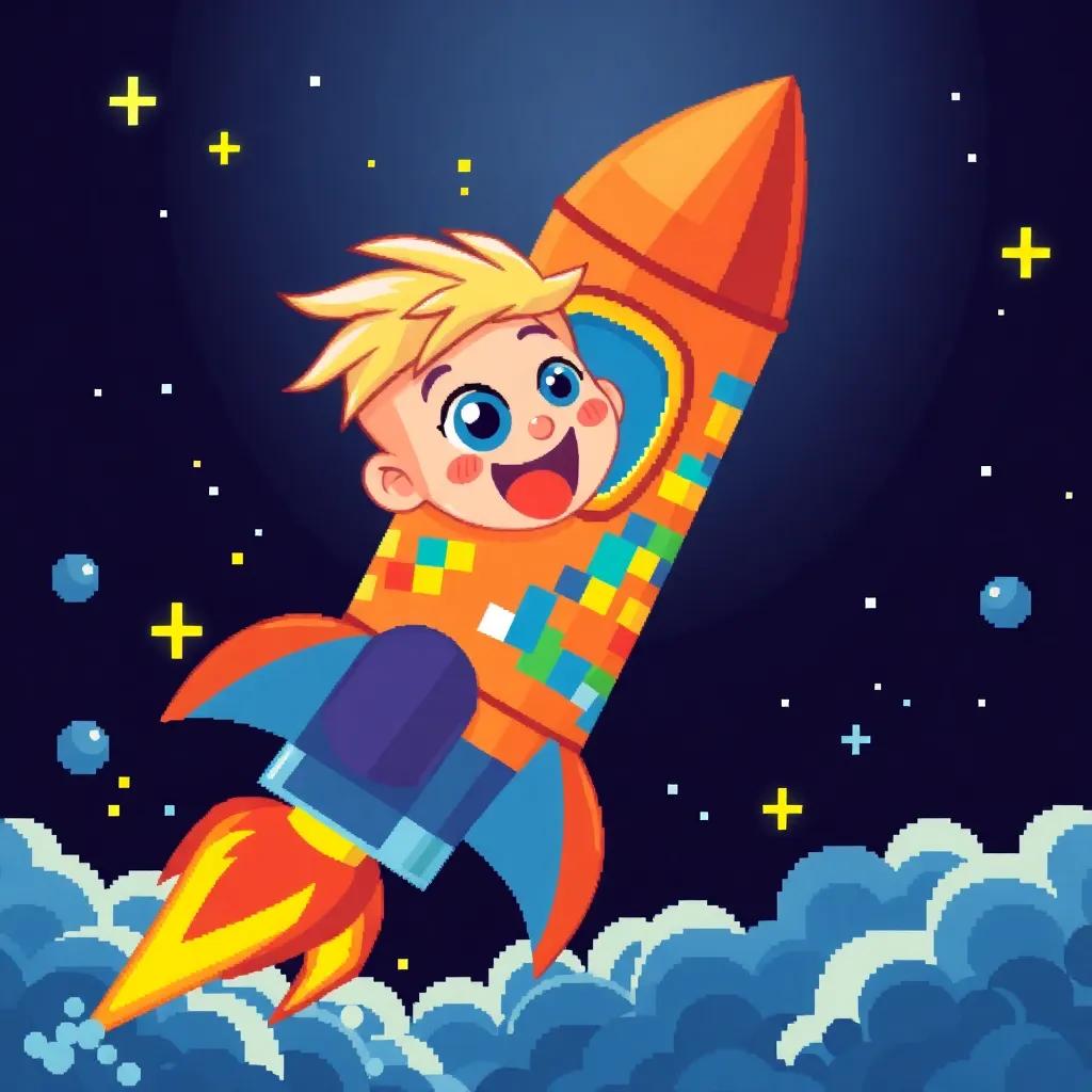 A colorful rocket adorned with pixels, with Nyjah, a little blonde boy with bright blue eyes, powering it up excitedly, dynamic scene, vibrant colors, joy-filled atmosphere