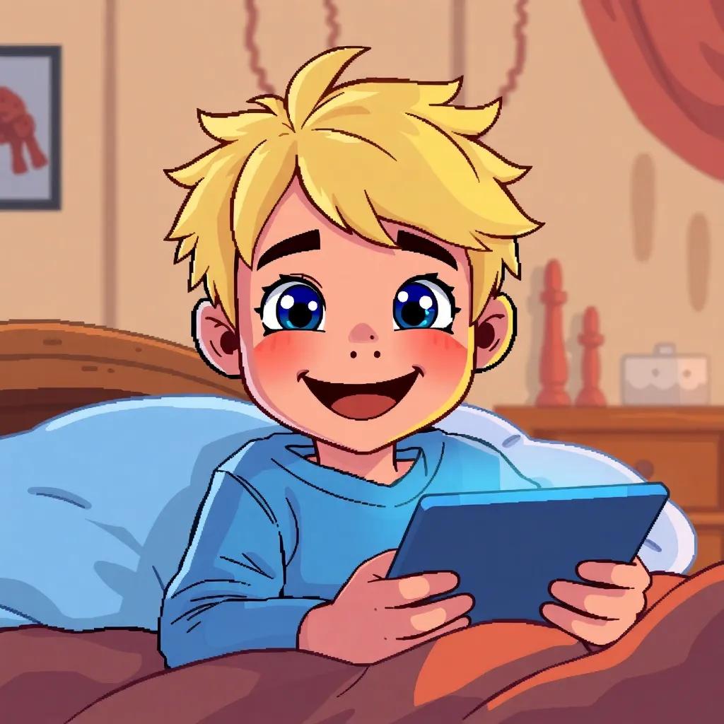 Nyjah, a little blonde boy with bright blue eyes, waking up in his room with a huge smile, having just finished an adventure on his iPad, cozy setting, warm colors