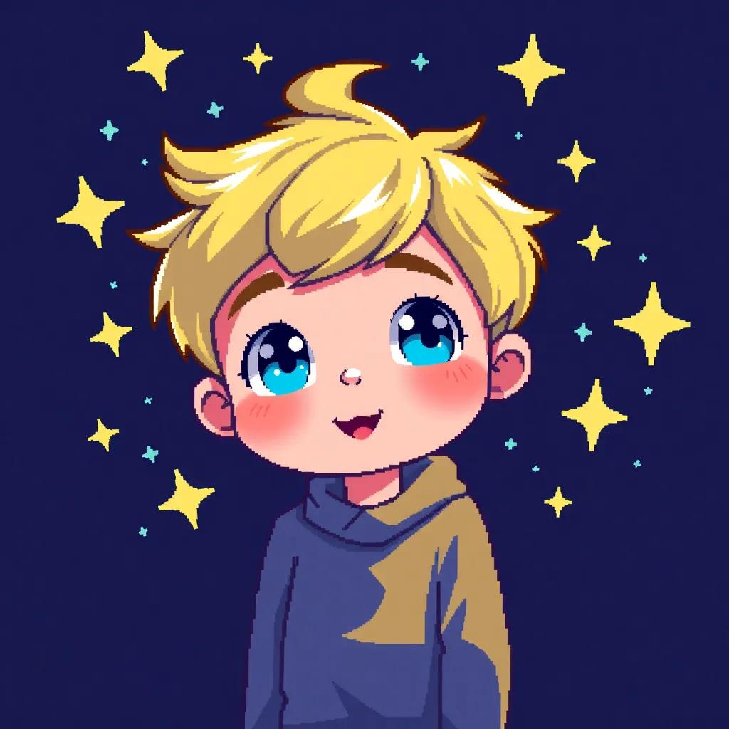 Nyjah, a little blonde boy with bright blue eyes, dreaming with sparkles around him, excited about future adventures, whimsical, bright and colorful