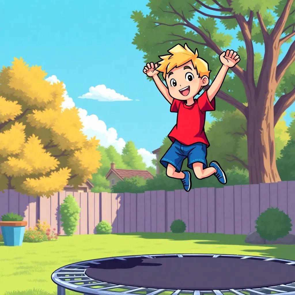 A blonde boy named Nyjah, aged 8, wearing a red t-shirt and blue shorts, jumping high on a trampoline in a sunny backyard with trees and a clear blue sky, vibrant colors, cheerful atmosphere, digital art, playful scene