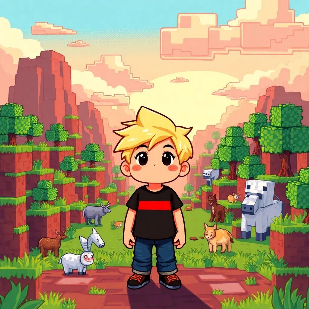 Nyjah, a blonde boy, standing amazed in a Minecraft-style world, surrounded by pixelated blocks of grass and animals, colorful and whimsical, with big blocky clouds above, illustration, creative and fun