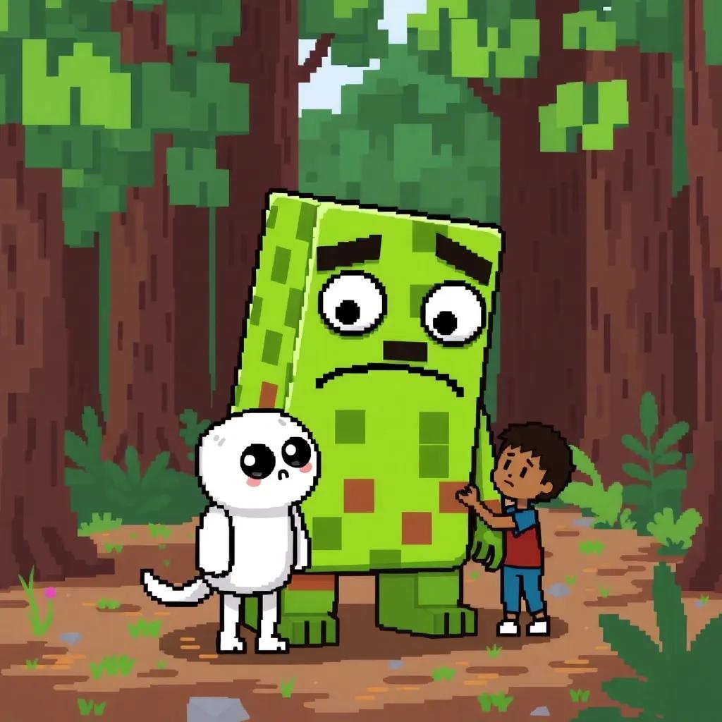 A green Minecraft monster with big round eyes, looking curious and slightly grumpy, in a pixelated forest, standing next to Nyjah who is showing him how to jump, whimsical style, engaging scene with bright colors