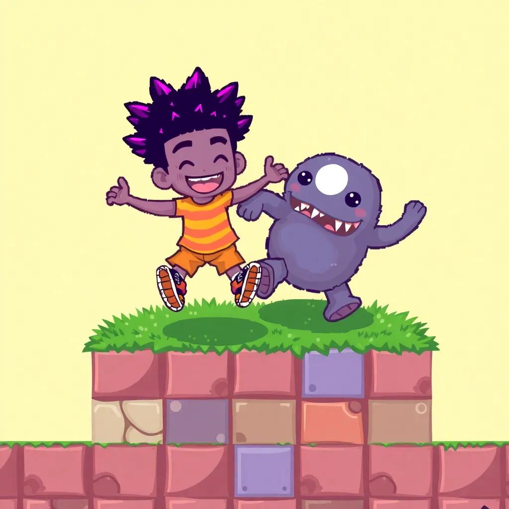 Nyjah bouncing happily on the pixelated grass, with the monster trying to jump beside him, both having fun, colorful blocks around them, vibrant and playful, illustration