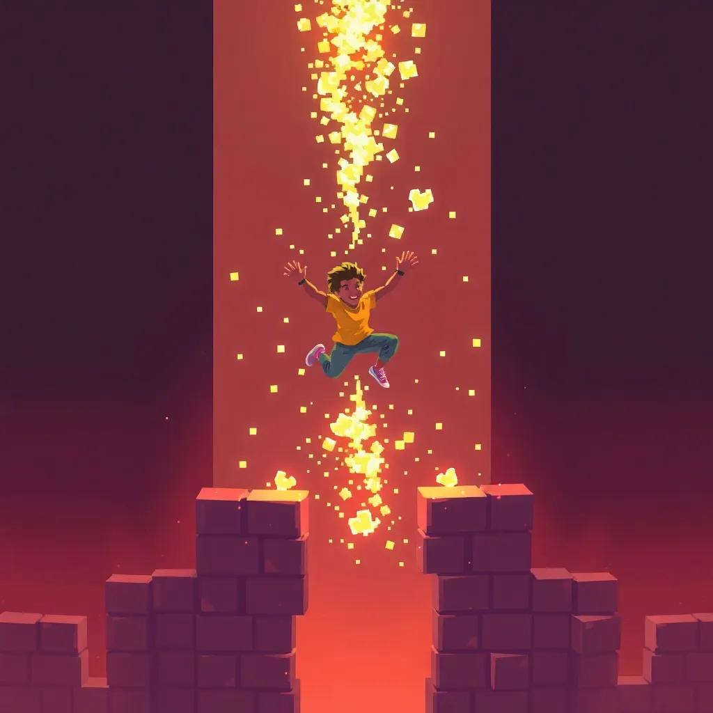 A magical sparkle surrounding Nyjah as he jumps, indicating his transition back to the real world, with pixelated blocks fading away gently, warm colors, enchanting scene