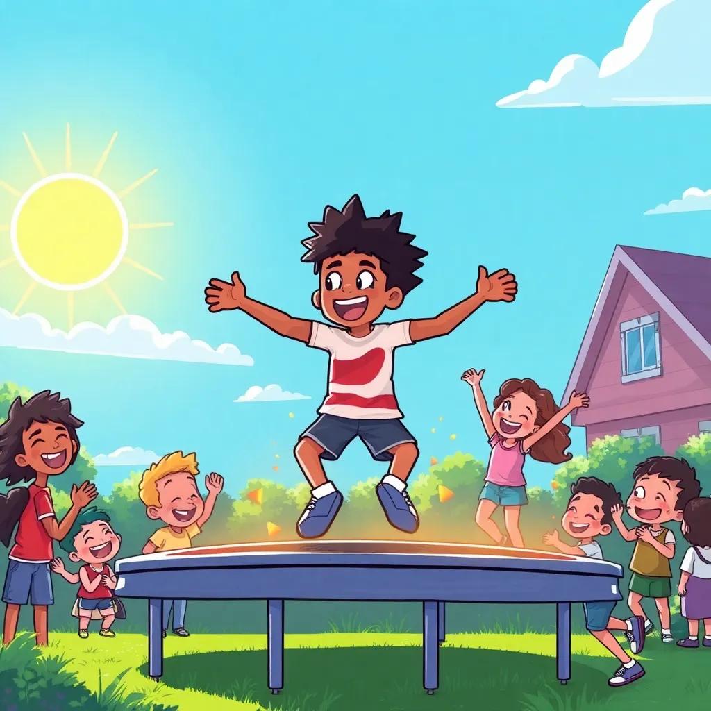 Nyjah back at his backyard trampoline, surrounded by happy friends cheering him on, the sun shining brightly and laughter in the air, joyful atmosphere, vibrant illustration