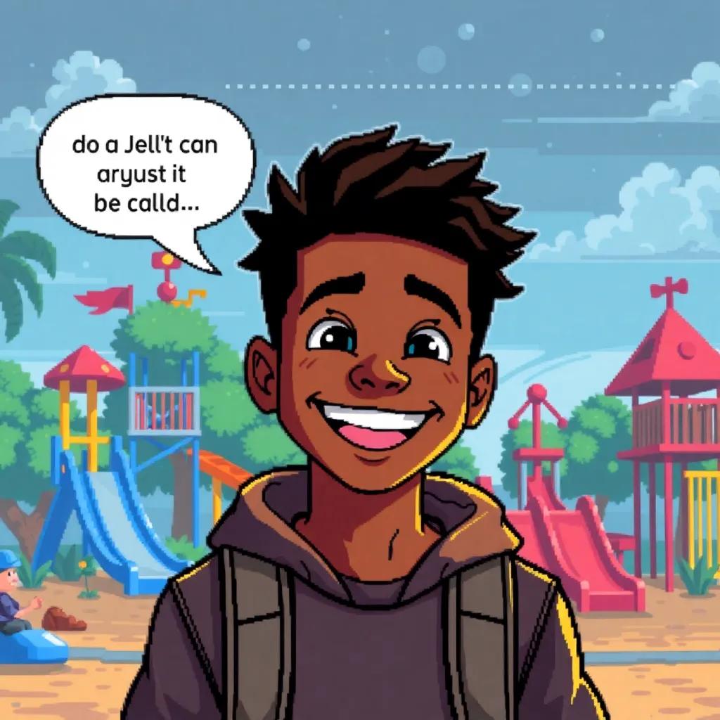 Nyjah smiling and telling his friends about his adventure in the pixelated world, a colorful playground in the background, digital art showing excitement and joy