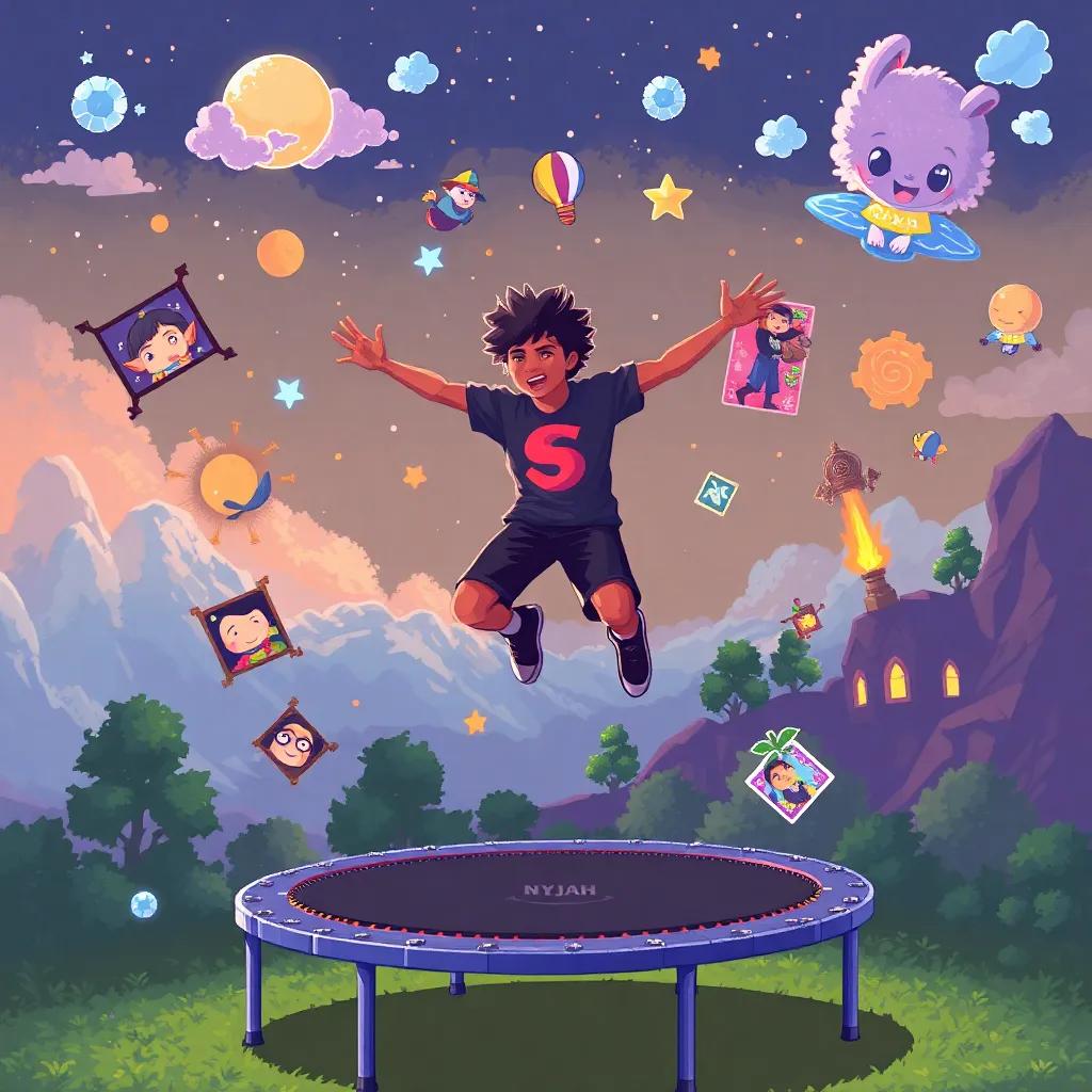 Nyjah jumping on a trampoline, with memories and images of his pixelated adventure floating around him, vibrant colors, dreamlike atmosphere, playful