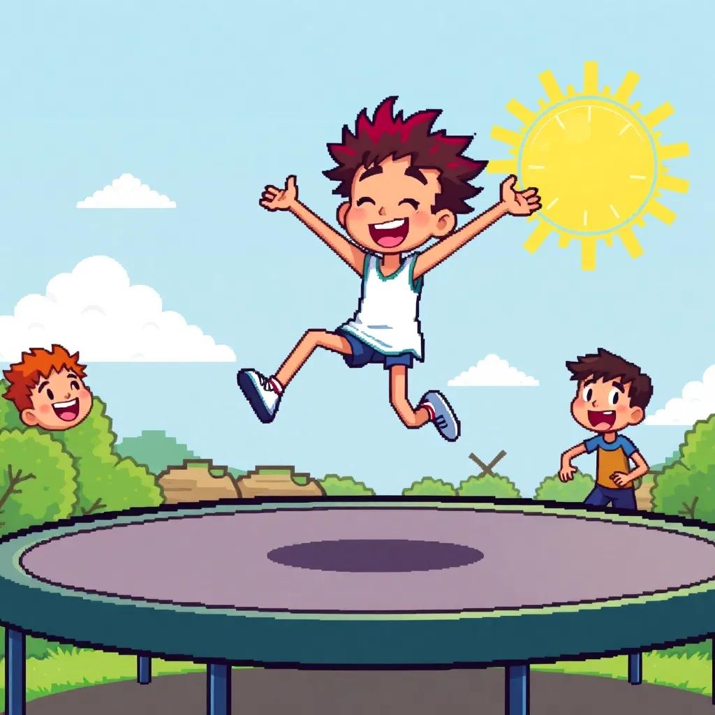 Nyjah, smiling brightly, practicing jumps on the trampoline again, surrounded by friends, happy expressions, under a sunny sky, cheerful illustration