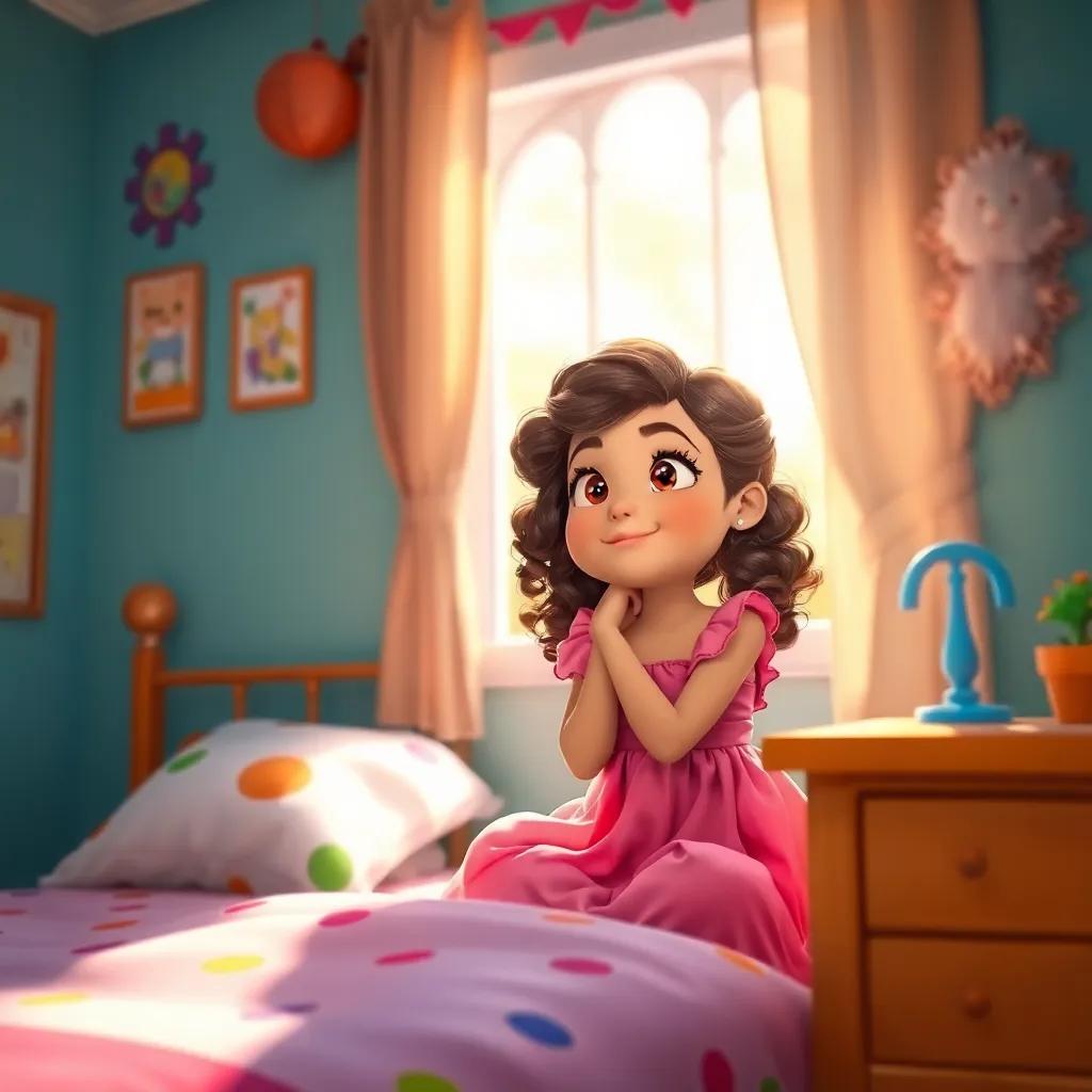A young girl, Lia, with curly brown hair, wearing a pink dress, sitting on her bed looking out the window with a thoughtful expression, colorful bedroom decor, bright sunlight streaming in, cheerful atmosphere, digital art, warm colors, inviting scene, high quality