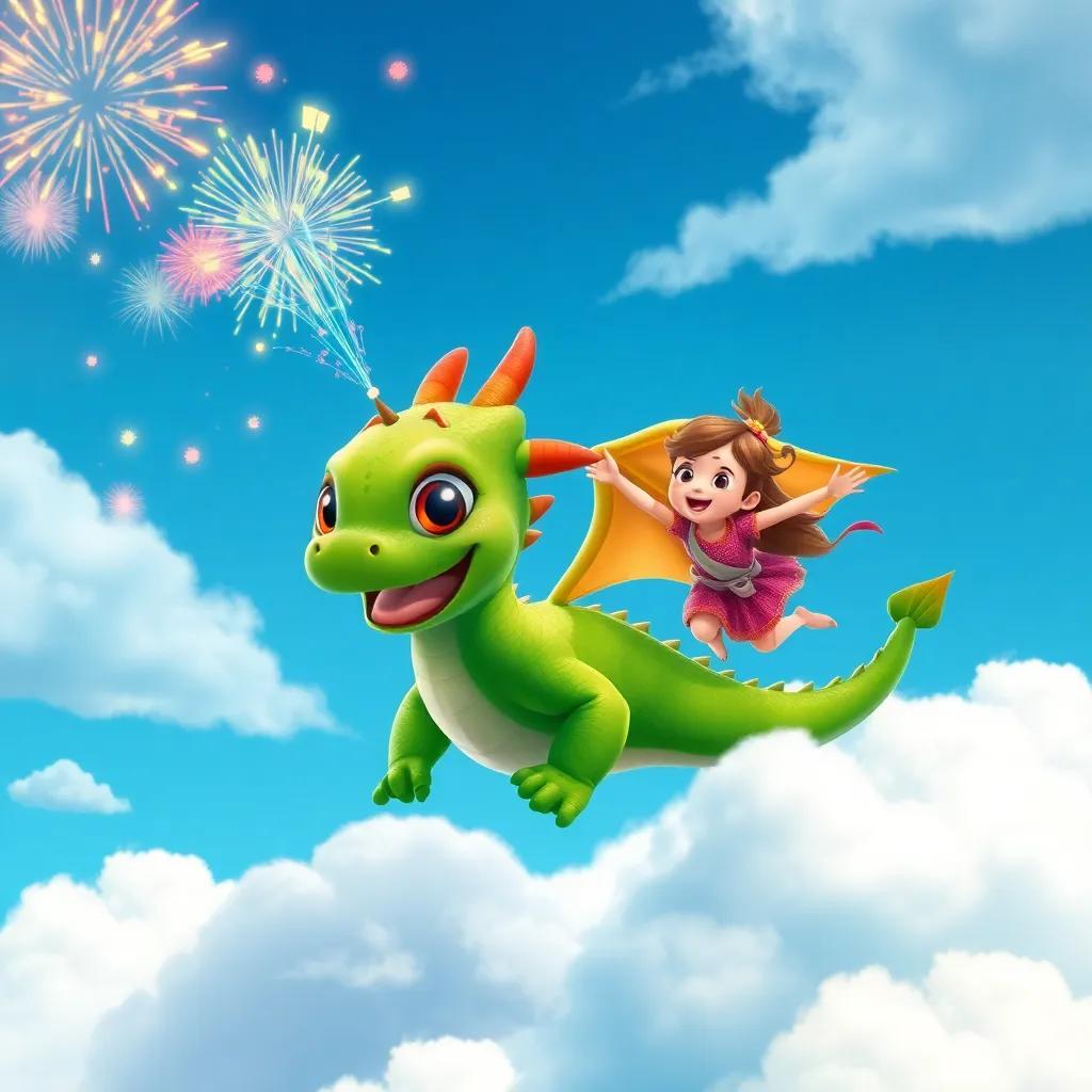 A small green dragon named Zico, with big friendly eyes, playfully blowing colorful fireworks across fluffy white clouds, with a joyful young girl named Lia, flying on the vibrant blue sky, fantasy theme, energetic, cheerful vibes, illustration, high quality