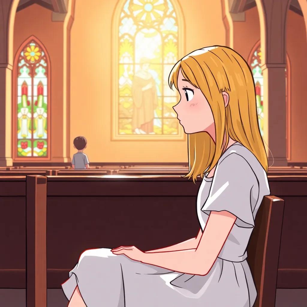 A teenage girl, Alexandra, 14 years old, with straight blonde hair, wearing a light summer dress, sitting in church, looking shyly at a boy, bright sunlight filtering through stained glass windows, digital art, warm and cheerful colors, inviting atmosphere, high quality