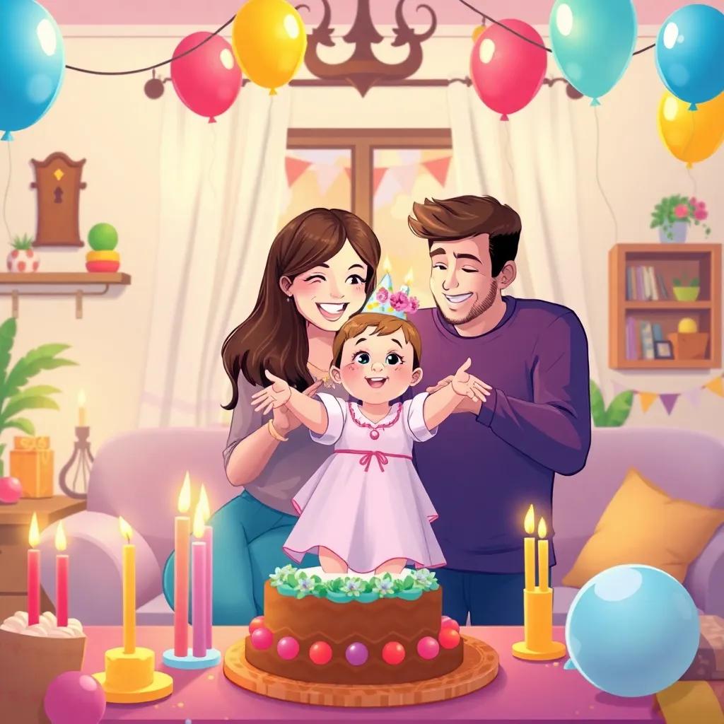 A young couple, Alexandra and Gabriel, celebrating in a cozy home decorated for a birthday, candles and balloons, a joyful baby girl, Antonella Pietra, in the center of attention, surrounded by family, loving smiles, vibrant colors, festive atmosphere, digital art, heartwarming scene, high quality