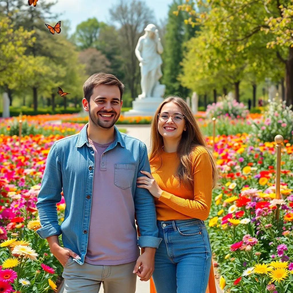 A young couple, Karlm and Alisa, smiling and holding hands at a sunny park full of colorful flowers, butterflies fluttering around, cheerful atmosphere, vibrant colors, child-friendly, high quality