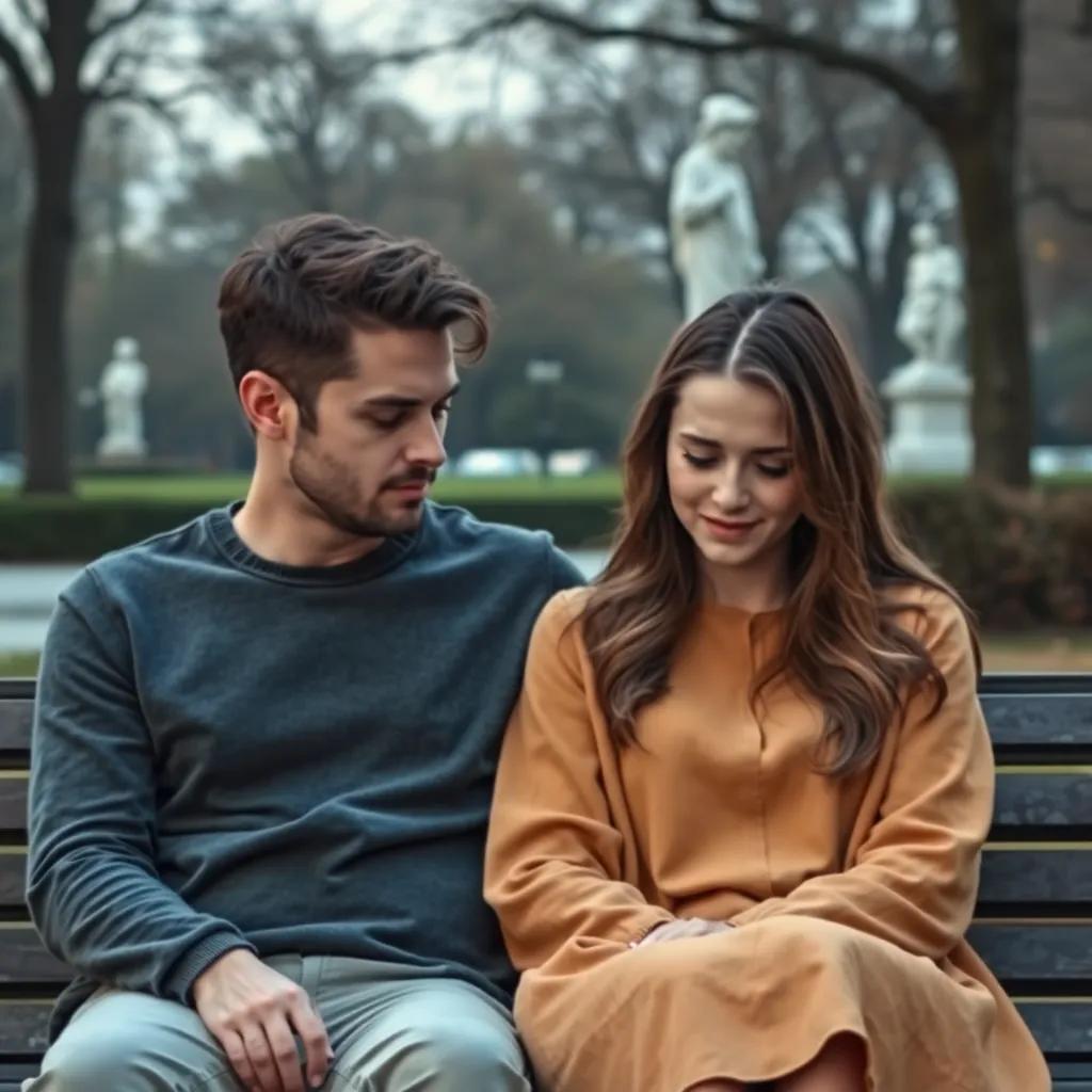 A couple, Karlm and Alisa, sitting together on a park bench, with Alisa looking down, her smile fading, a worried expression on Karlm's face, peaceful park background, soft lighting, emotional tone, high quality