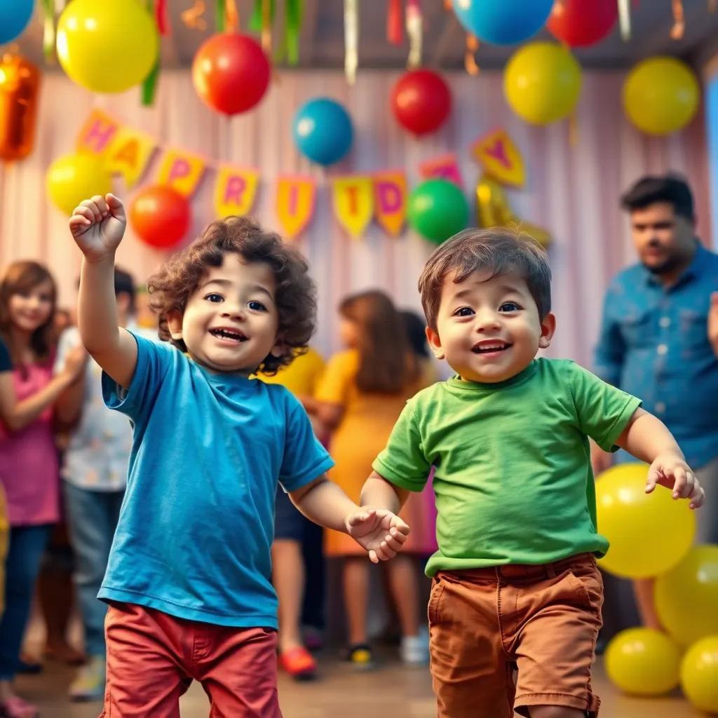 Two young Brazilian boys, Pedro Bolinha, a small boy with curly hair wearing a bright blue t-shirt and Pedro Bolão, a chubby boy with short brown hair wearing a green shirt, dancing happily surrounded by friends at a birthday party, festive decorations, bright balloons, joyful expressions, digital art, celebration vibe