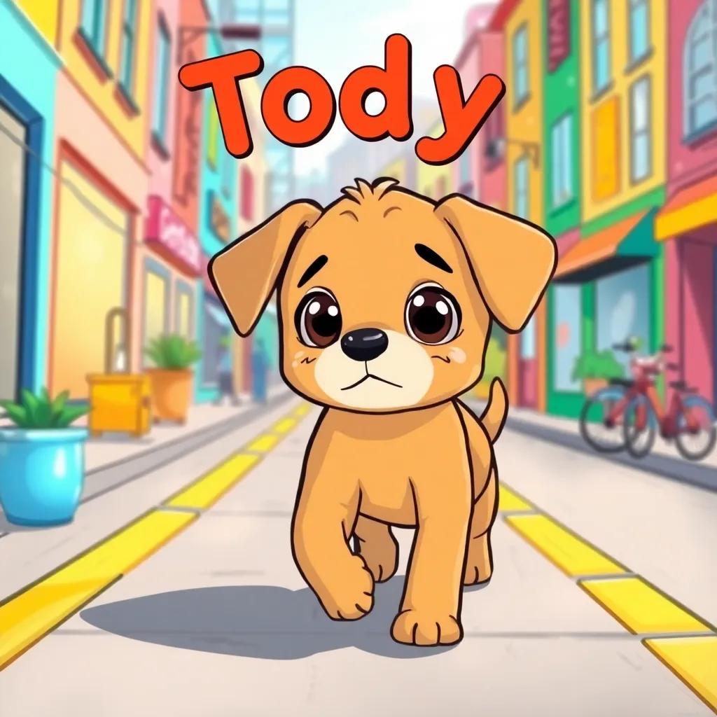 A small brown puppy named Toddy, with curious eyes, wandering through colorful streets, looking sad and lost, in a vibrant city setting, cheerful, warm lighting, high quality, children-friendly style.
