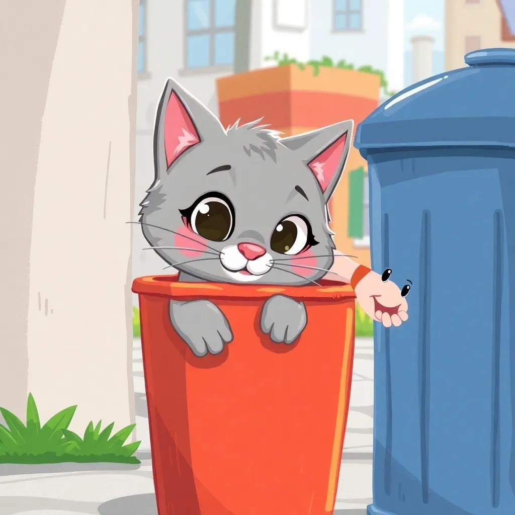 A gray cat named Costelinha, with trembling whiskers, peeking out from behind a trash can, looking curiously at Toddy, in a friendly urban scene, bright colors, cheerful vibe, child-friendly illustration.