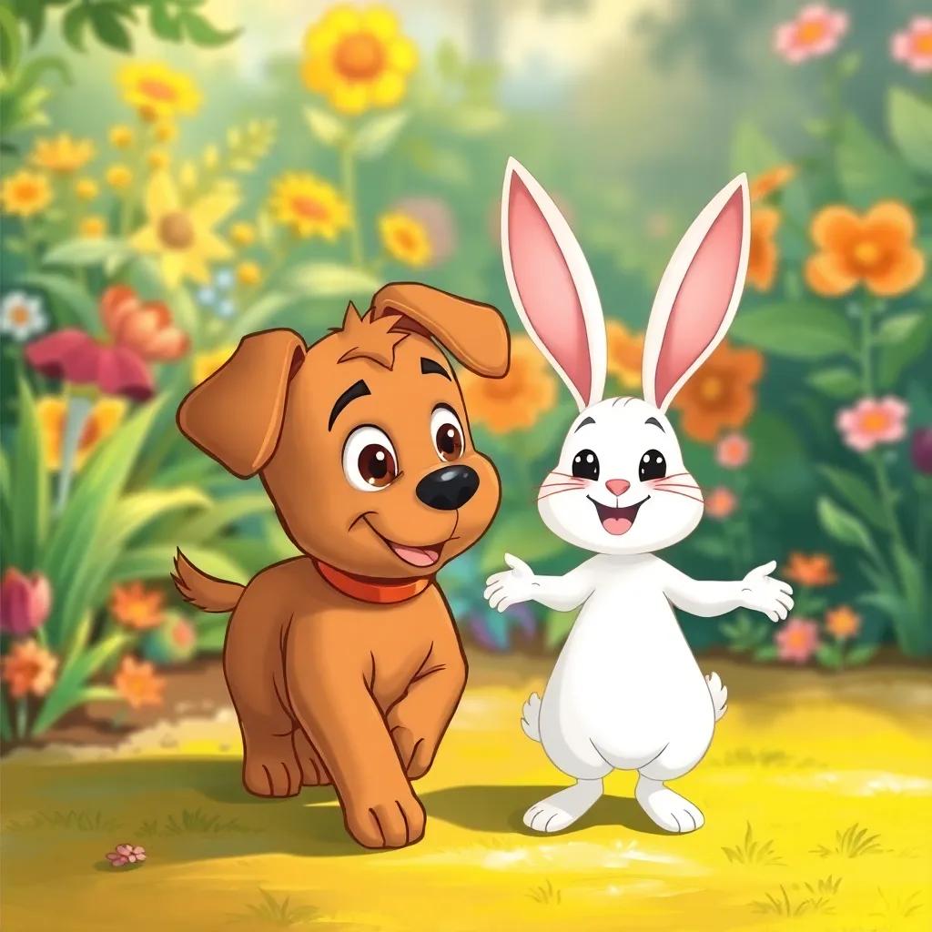 Toddy the puppy, with brown fur and curious eyes, walking toward an excited white rabbit named Spaike with long ears and a happy smile, vibrant garden background, playful scene, warm light, high quality.