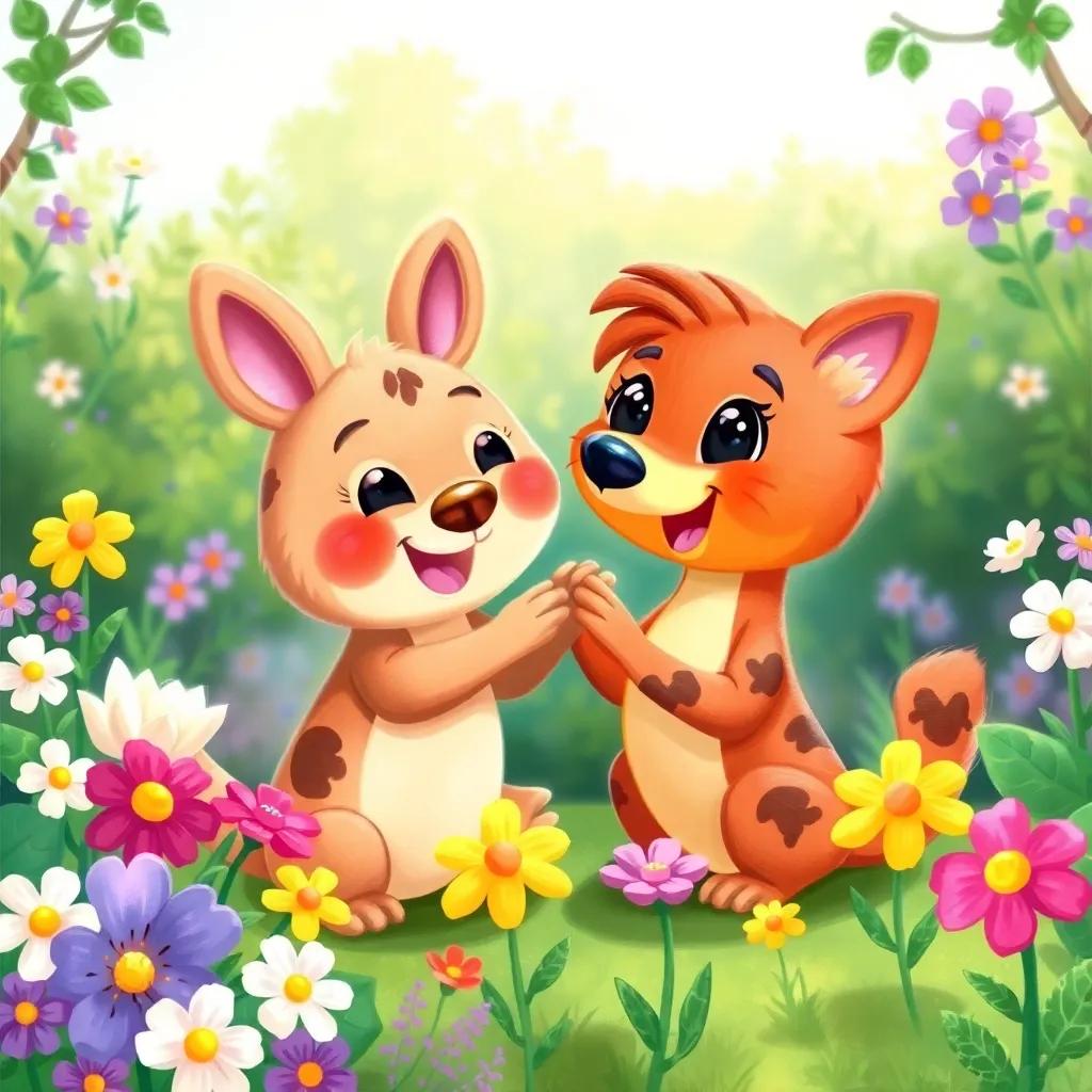 A joyful interaction between Toddy and Spaike, with flowers blooming around them, the garden looking bright and inviting, cheerful animal friends, colorful and warm atmosphere, child-friendly illustration.