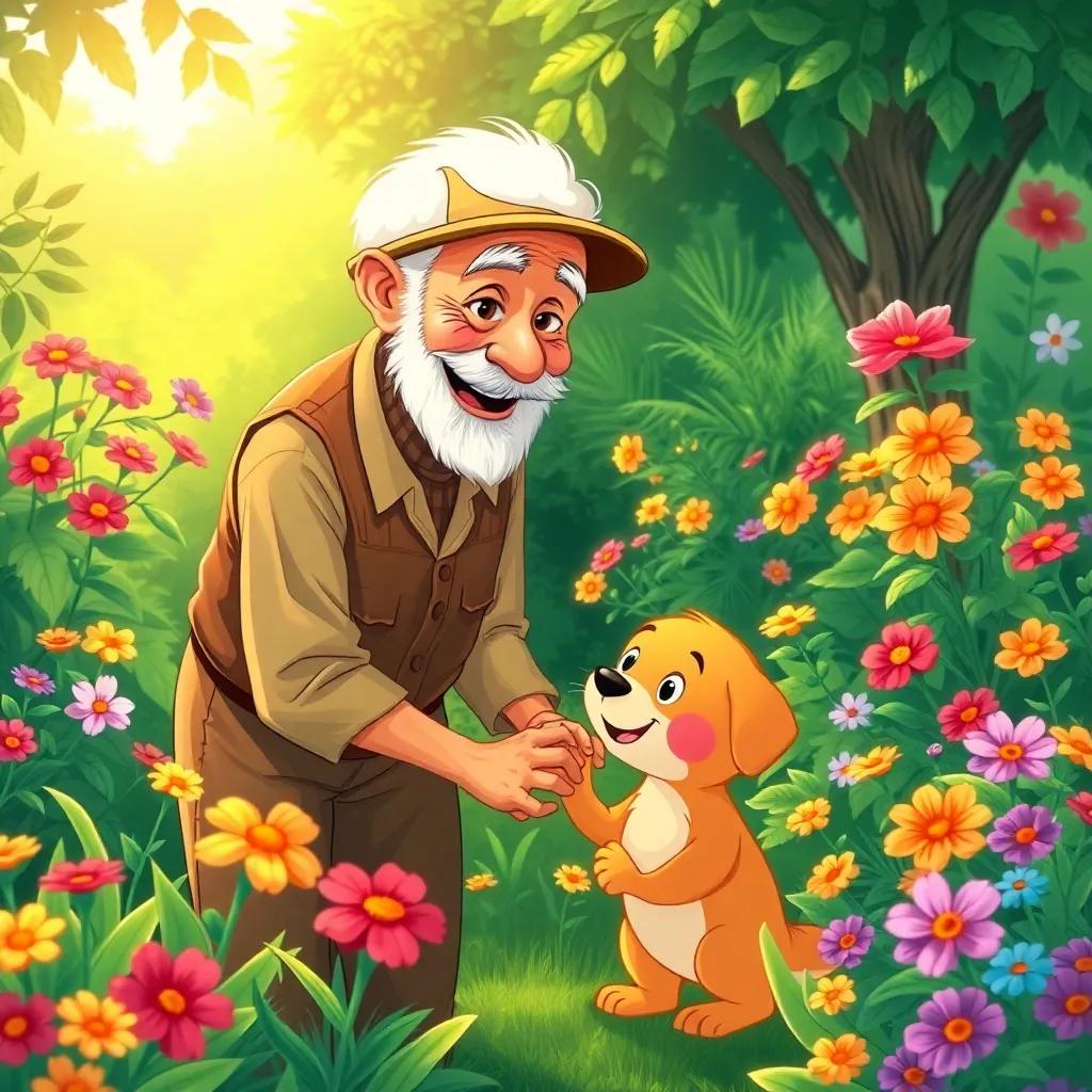 An elderly gardener named Sr. Pedro, smiling and bending down to pet Toddy, in a lush green garden filled with colorful flowers, warm sunlight, heartwarming scene, high quality, friendly vibe.