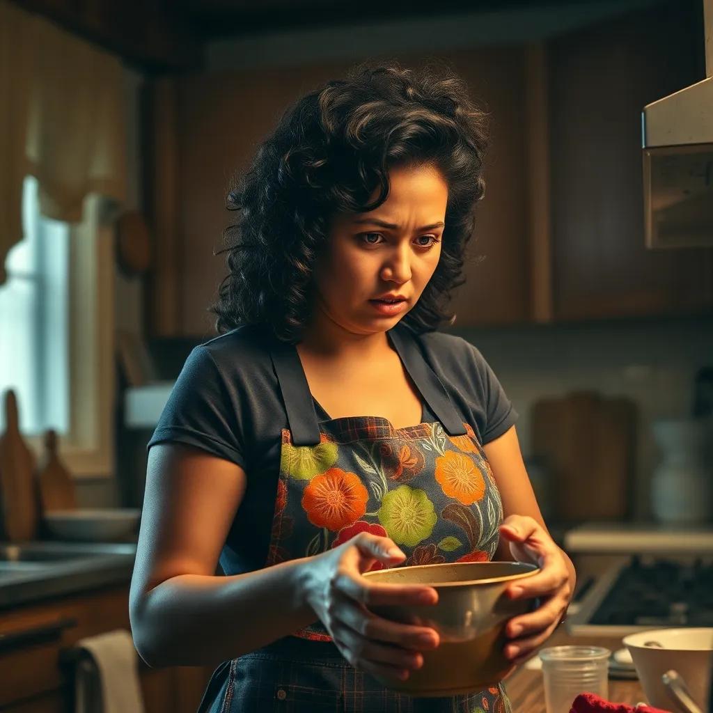 A scared woman, Tia Edi, with curly dark hair, wearing a colorful apron, standing in a dimly lit kitchen with a worried expression, mixing ingredients in a bowl, cozy atmosphere, warm colors, focused view, high quality