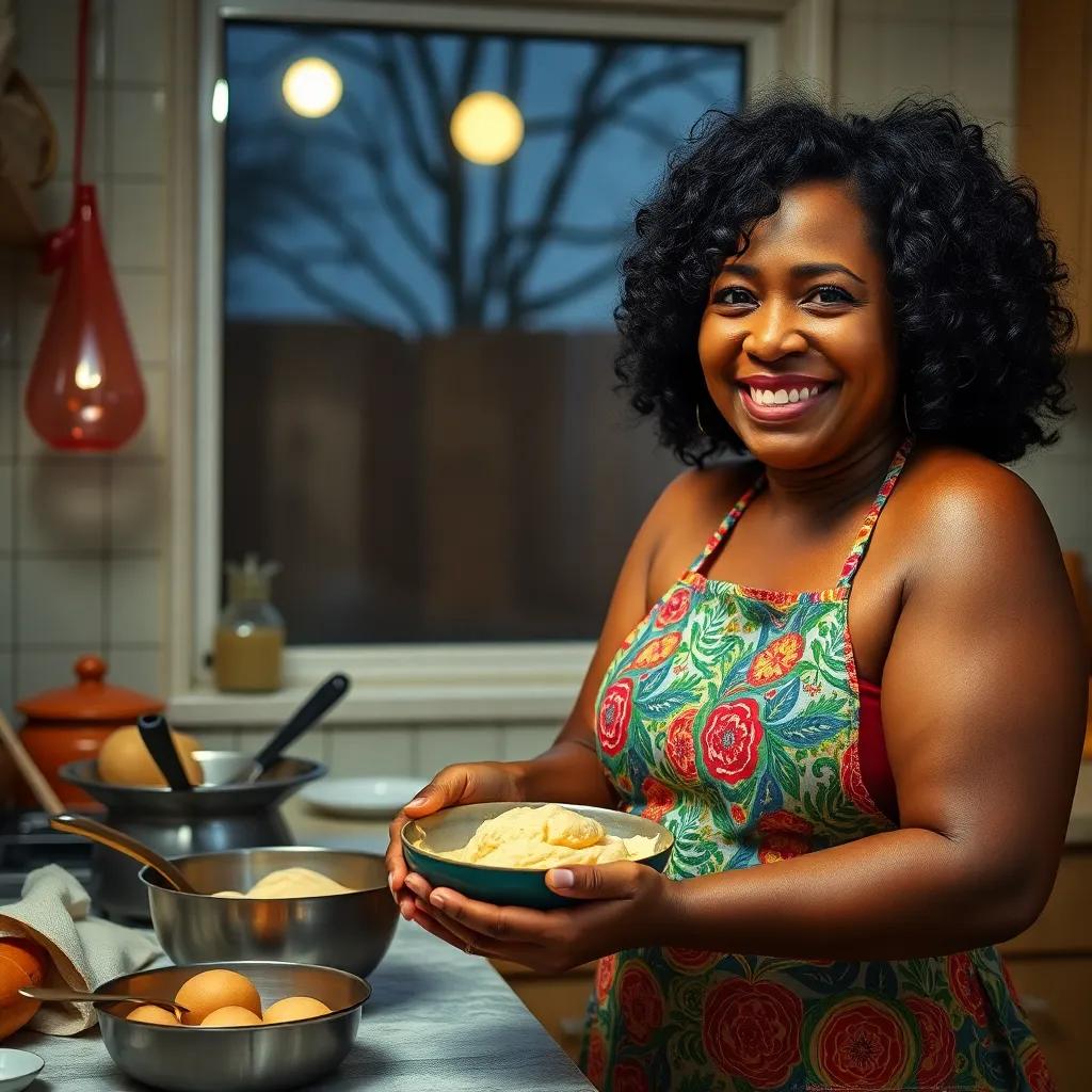 A cheerful woman, Tia Edi, with curly dark hair, wearing a colorful apron, happily mixing a bowl of cassava dough in the kitchen, with a window showing a moonlit yard, inviting scene with baking utensils, friendly, bright colors, uplifting imagery