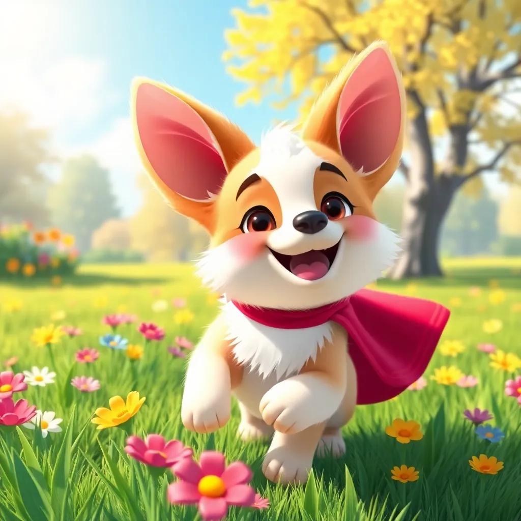 A happy dog named Pipoca, a fluffy dog with big ears, exploring a park filled with green grass and colorful flowers, wearing a magical cape, bright sunny day, cheerful atmosphere, playful scene, vibrant colors, digital art, high quality