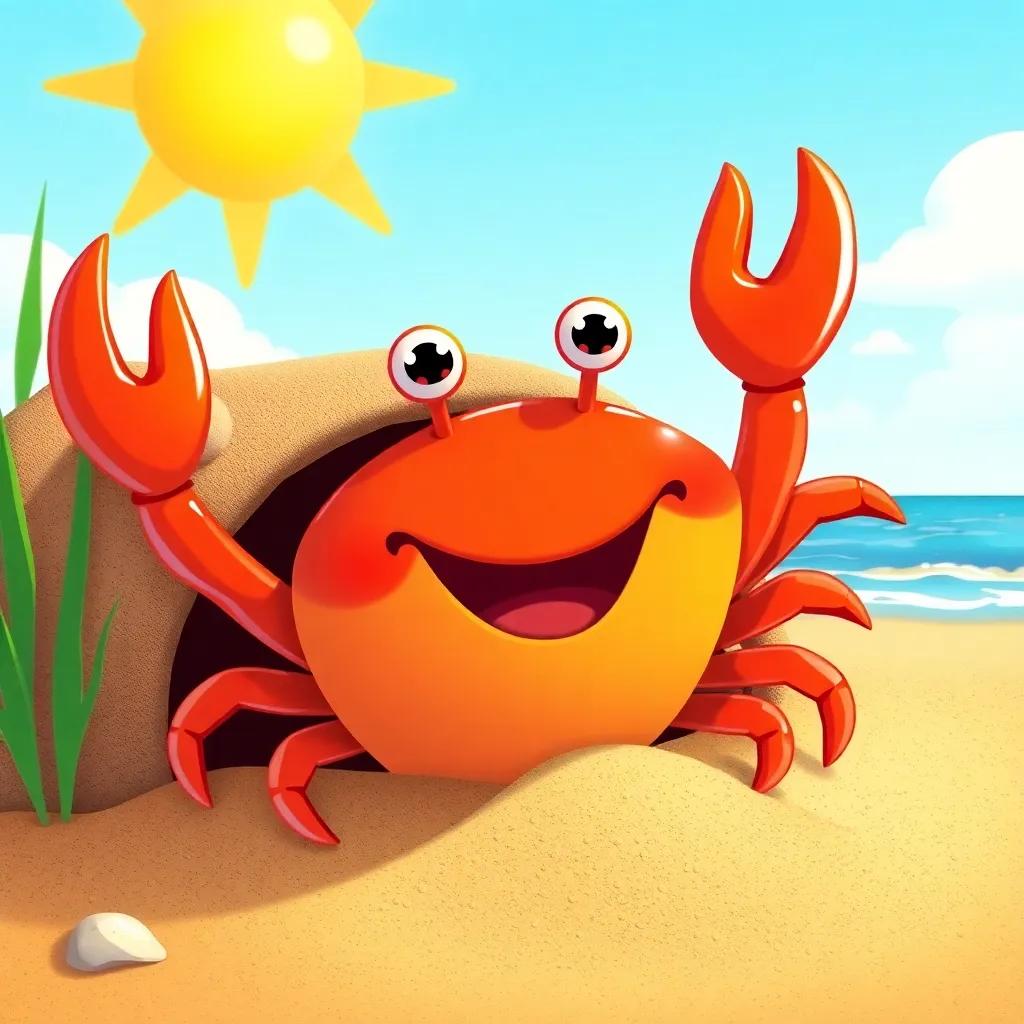 A cheerful crab, with bright orange color, peeking out from its cozy sandy burrow at the beach, under a sunny sky, illustration, colorful, cheerful atmosphere, playful vibe