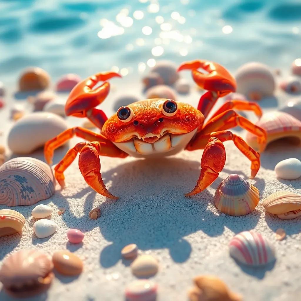 The adventurous crab, scuttling on the white sand, surrounded by shiny seashells in various colors, with bright blue water reflecting the sunlight, digital art, vibrant, lively beachfront
