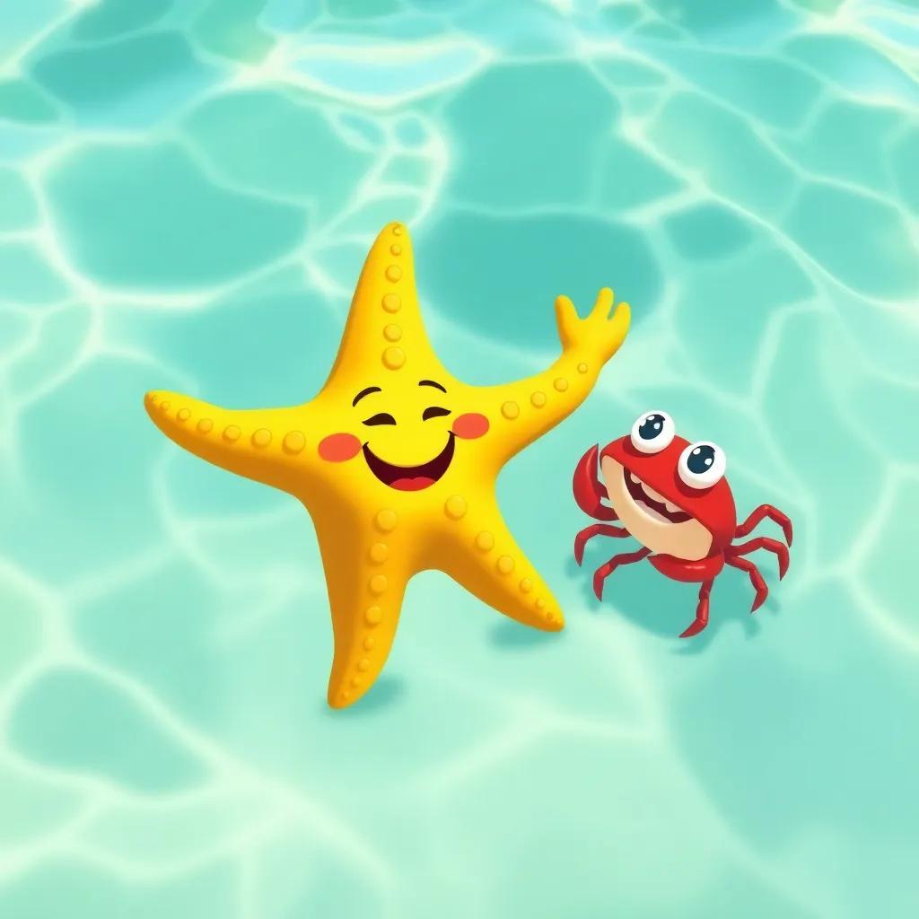 A friendly starfish, colorful with five arms, floating in the clear water, waving at the crab with a huge smile, illustrated scene, joyful, sunny day