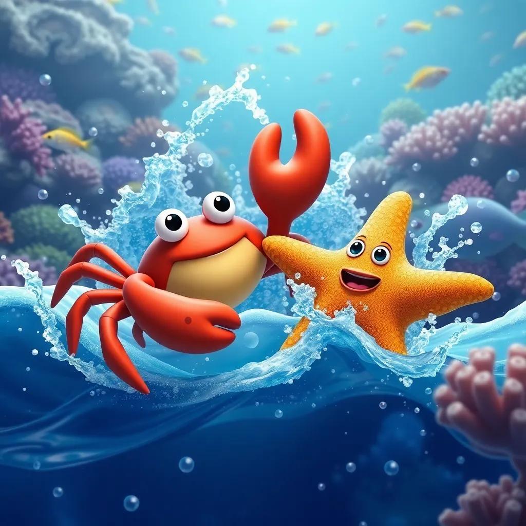 The crab and the starfish playing together in the water, splashing waves, with the coral reef in the background, filled with fish swimming happily, animated, fun
