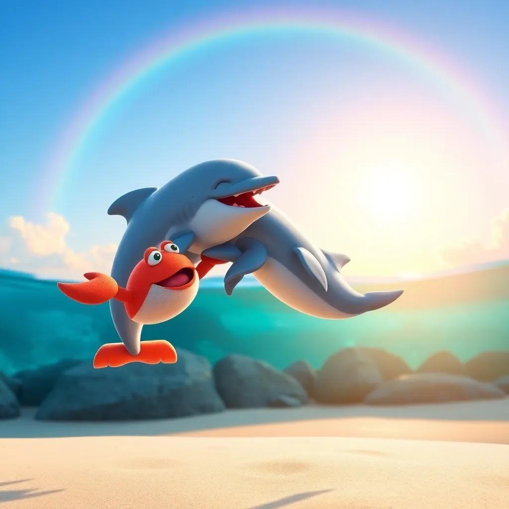The crab and a dolphin jumping together under a rainbow, with a clean beach in the background, cheerful interaction, bright colors, joyful atmosphere
