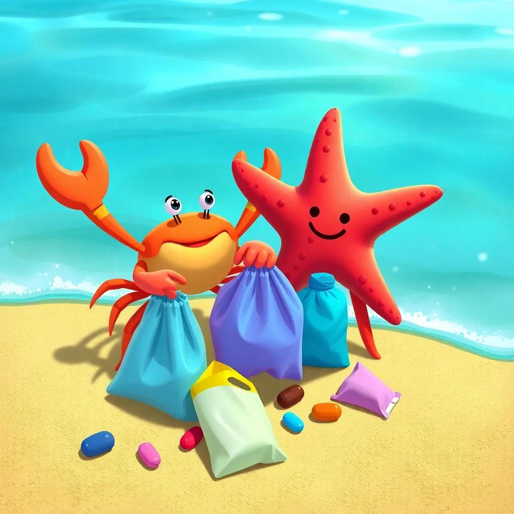 The crab and the starfish collecting trash, with colorful bags and litter removed from the water and sand, happy teamwork, positive message, colorful and bright