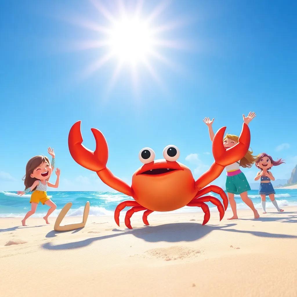 A bright sun shining over the clean beach, the crab and friends celebrating with laughter and colors, vibrant scene, happiness in the air
