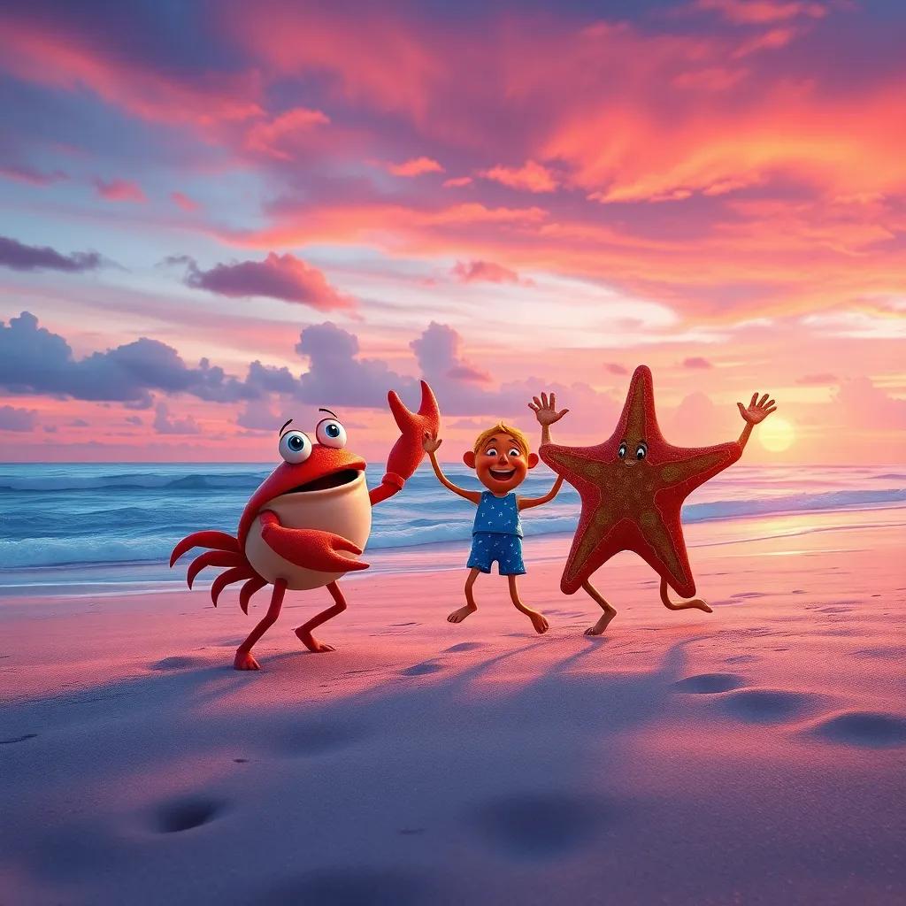 The crab, the starfish, and their friends dancing on the beach during sunset, filled with joy and laughter, colorful skies, celebration of friendship and nature