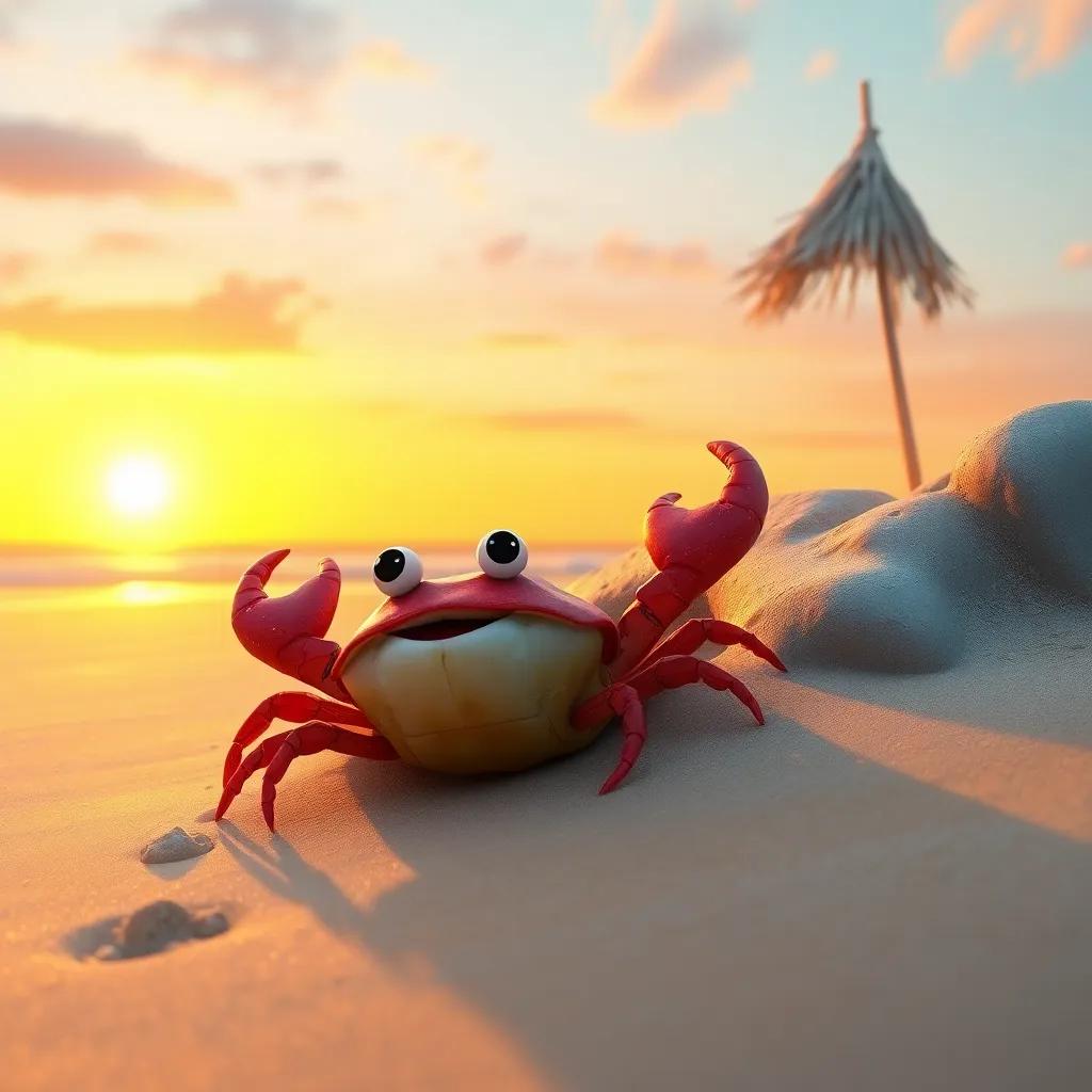 The crab returning to its cozy burrow, looking back at the beautiful clean beach with a smile, sunset colors creating a warm atmosphere, peaceful