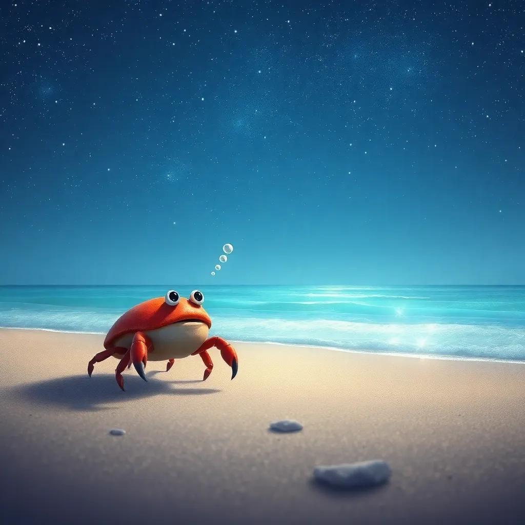 A dreamy beach scene under a starry sky, the crab thinking about nature's beauty, with twinkling stars above creating a magical feel, serene artwork