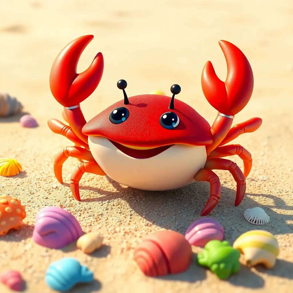 A cheerful crab, Caco, with a shiny red shell, sitting on the sandy beach with colorful seashells around, bright sunshine, cheerful atmosphere, digital art, vibrant colors, playful mood, child's perspective, high quality