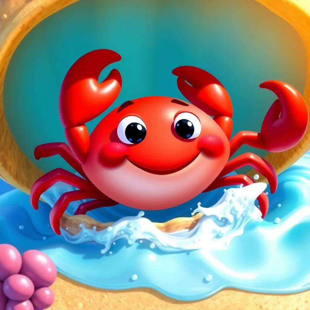 Caco the crab with a shiny red shell, happily moving into a colorful seashell, surrounded by bright blue waves, sunny day, cheerful and vibrant, close-up view, child-friendly illustration, high detail