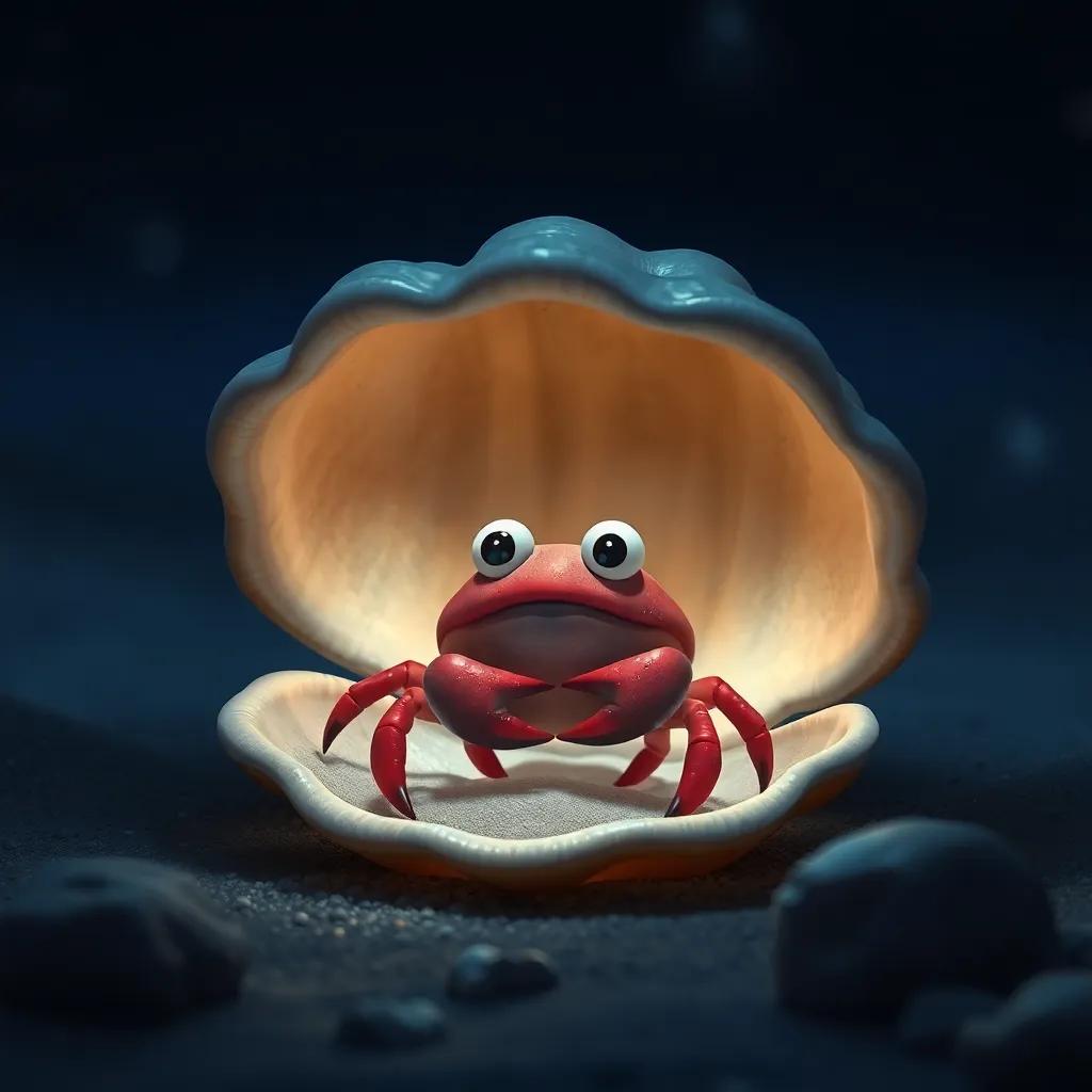 Caco the crab looking sad inside the beautiful seashell at night, dim light, soft glow, lonely atmosphere, digital painting, emotional depth, high quality