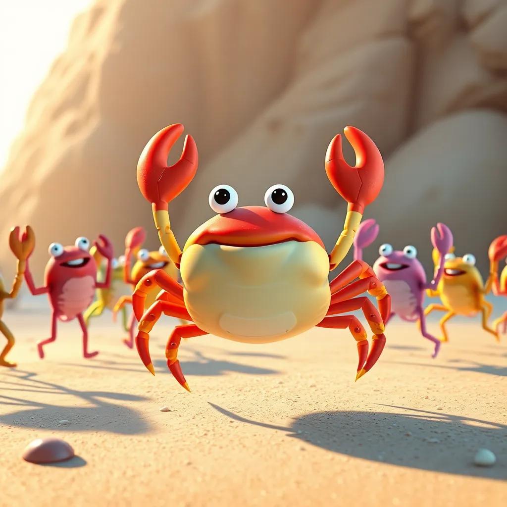 Caco the crab returning to his friends, a group of cheerful crabs of various colors, dancing together, bright beach setting, joyful reunion, digital art, warm colors, happy scene, high quality