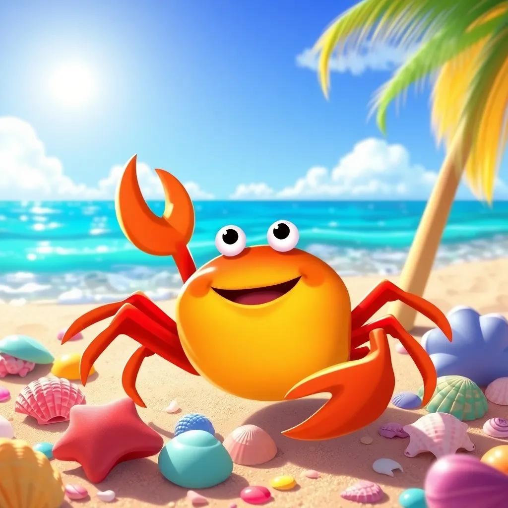 Caco the crab playing with his friends, vibrant beach, colorful seashells, laughter and joy, sun shining brightly, digital illustration, playful scene, high detail