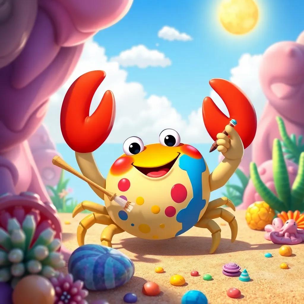 Caco the crab painting his colorful seashell with friends, vibrant colors all around, sunny sky, joyful environment, digital art, cheerful atmosphere, child-friendly style
